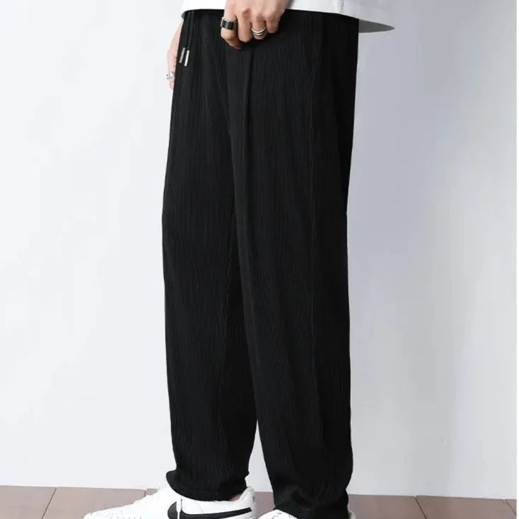 Hvite Ice Silk Sommerbukser for Herre – Lette, Vide Streetwear Bukser