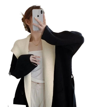 Lang Strikkecardigan med Hette – Løs Passform &amp; Doble Knapperekker | Varm &amp; Trendy Ulzzang-stil – Aprikos