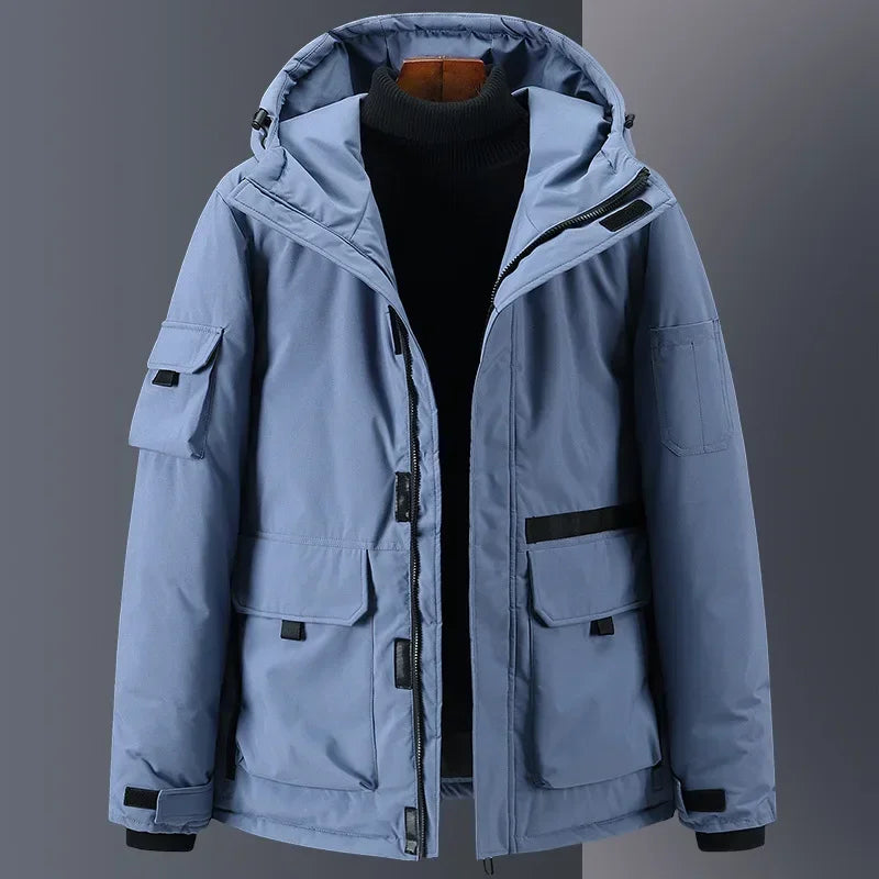 Herre Dunjakke – 100% Hvit Andedun | Varm Parkas med Hette &amp; Designerstil