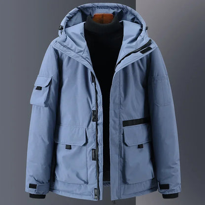Herre Dunjakke – 100% Hvit Andedun | Varm Parkas med Hette &amp; Designerstil