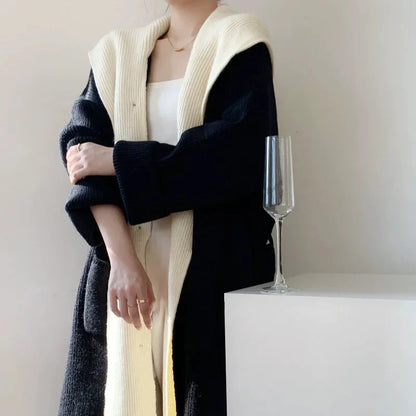Lang Strikkecardigan med Hette – Løs Passform &amp; Doble Knapperekker | Varm &amp; Trendy Ulzzang-stil