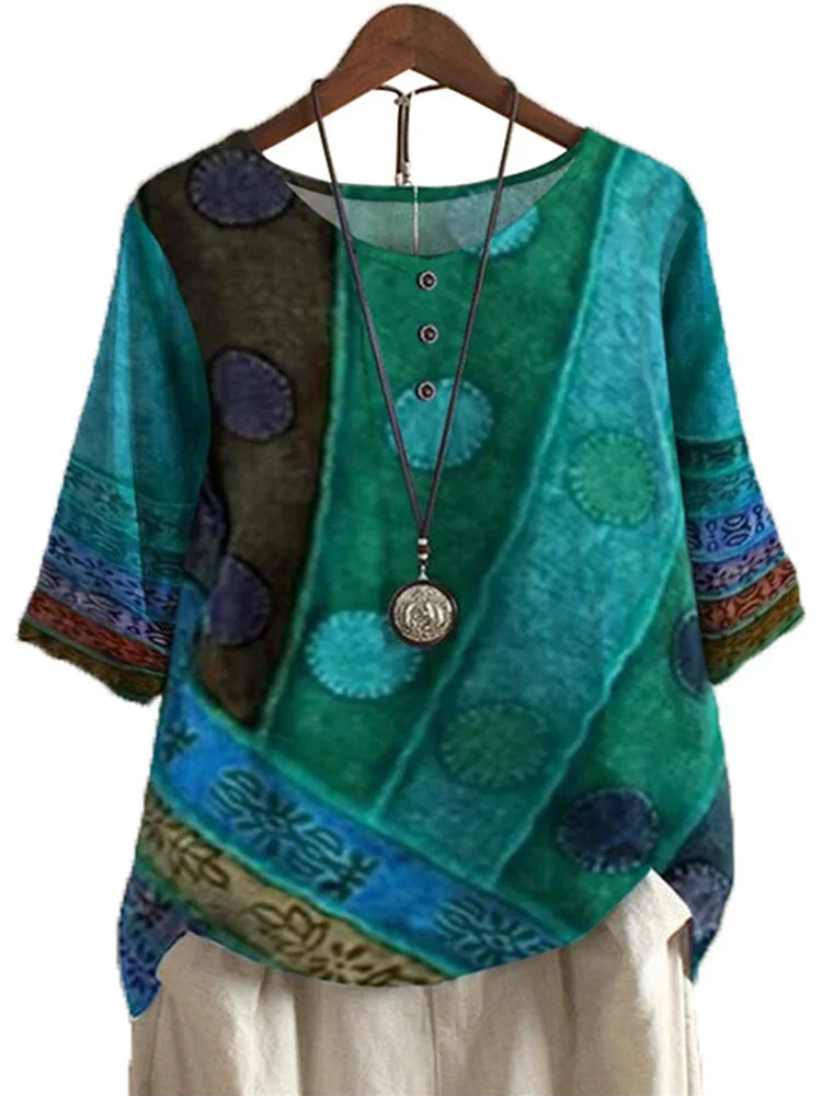 Etnisk Vintage-Print Bluse – Løs Passform, O-hals og Halvlange Ermer – YW699-3