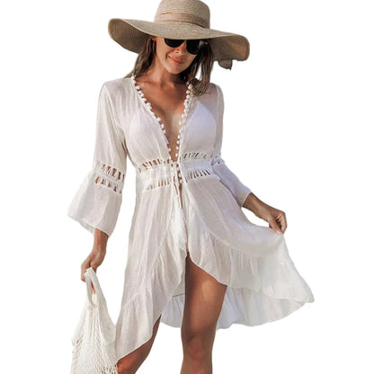 Sommerlig Heklet Boho Strandkimono – Åpen Blonde Cover-Up med Dusker – Svart