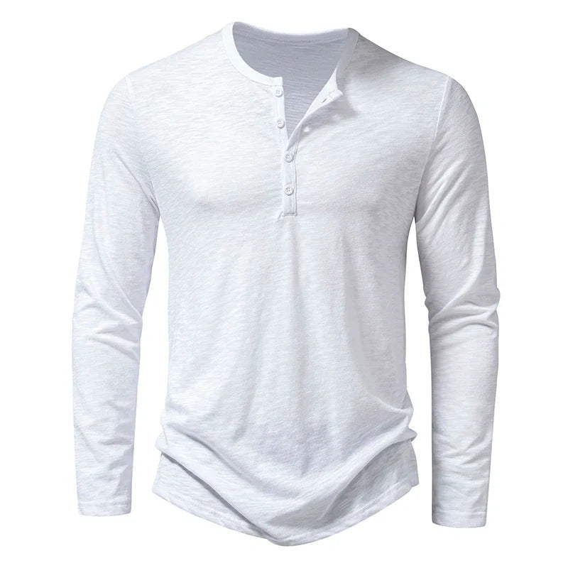 Herre Henley T-skjorte i Bomull – Langermet &amp; Pustende | Casual Basisgenser med Knapper