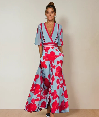 Sienna | Elegant maxikjole i chiffon med blomstret omslag – S