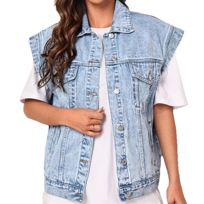 Dame Casual Oversized Denim Vest med Knappefront og Klassiske Brystlommer