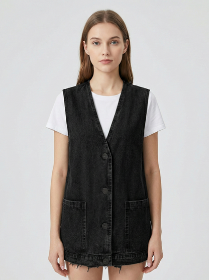Kvinnes Minimalistiske Denim Vest med Ermeløs Design og Avslappet Passform
