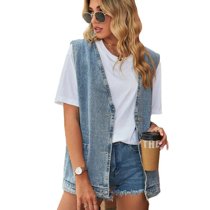 Kvinnes Minimalistiske Denim Vest med Ermeløs Design og Avslappet Passform