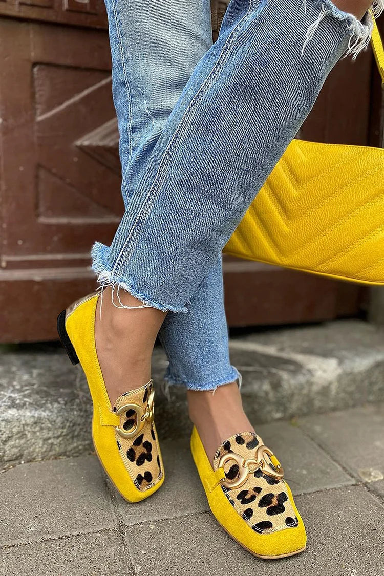 Soleil | Slip-on-loafers i gult semsket skinn med leopardpanel og bissel
