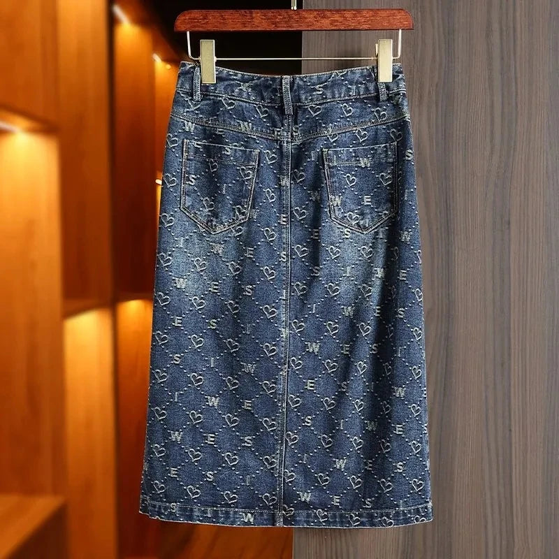Langt denimskjørt med lomme