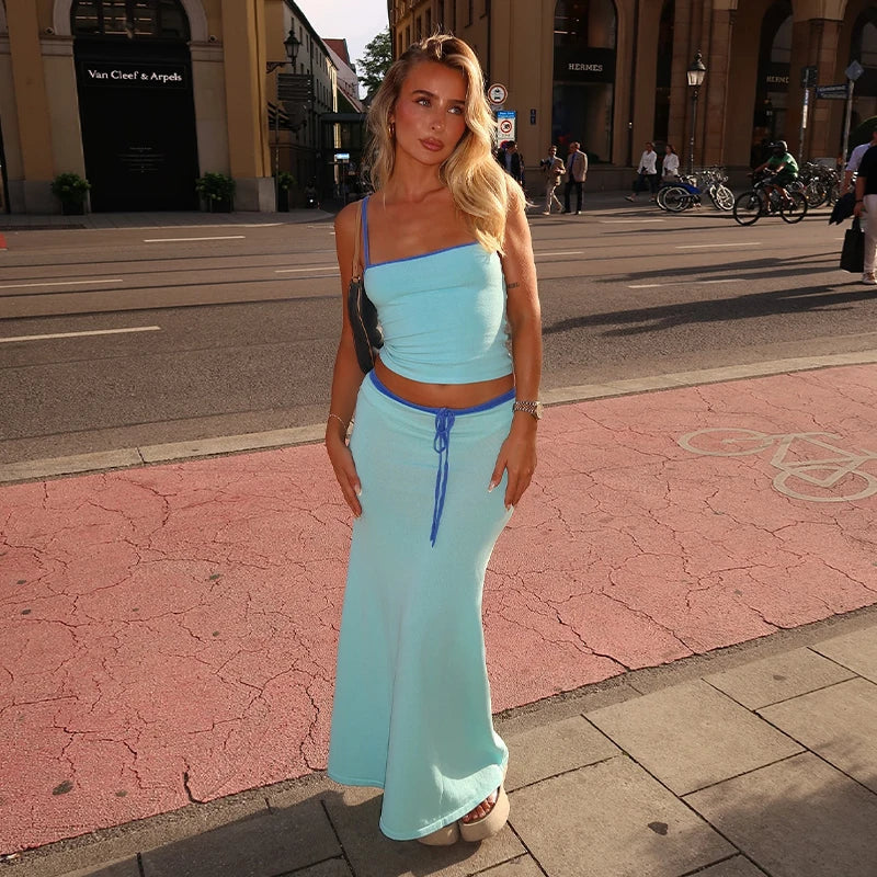 To Delt Maxi Sett – Casual Chic Crop Top og Skjørt Sett for Kvinner