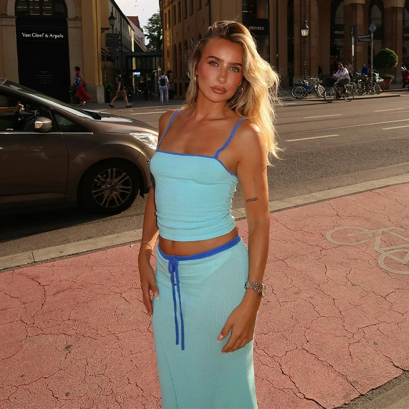 To Delt Maxi Sett – Casual Chic Crop Top og Skjørt Sett for Kvinner