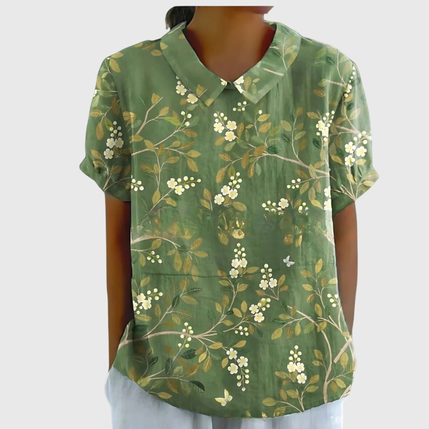 Thea | Kortermet bluse i lin med blomstermønster og krage