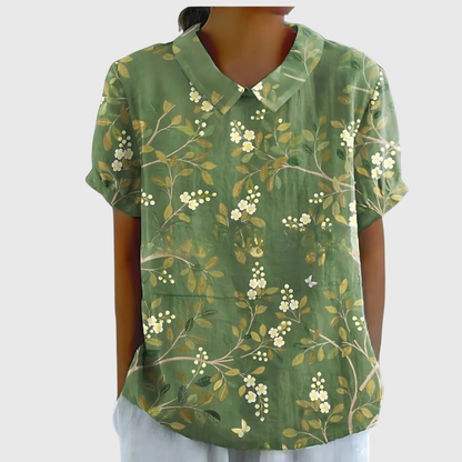 Thea | Kortermet bluse i lin med blomstermønster og krage