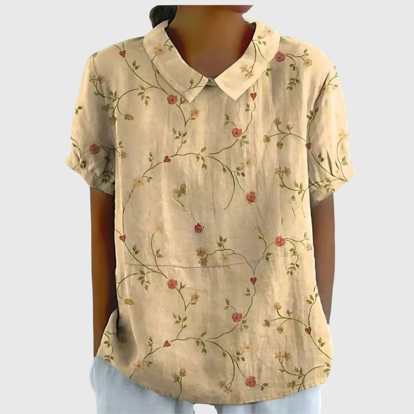 Thea | Kortermet bluse i lin med blomstermønster og krage