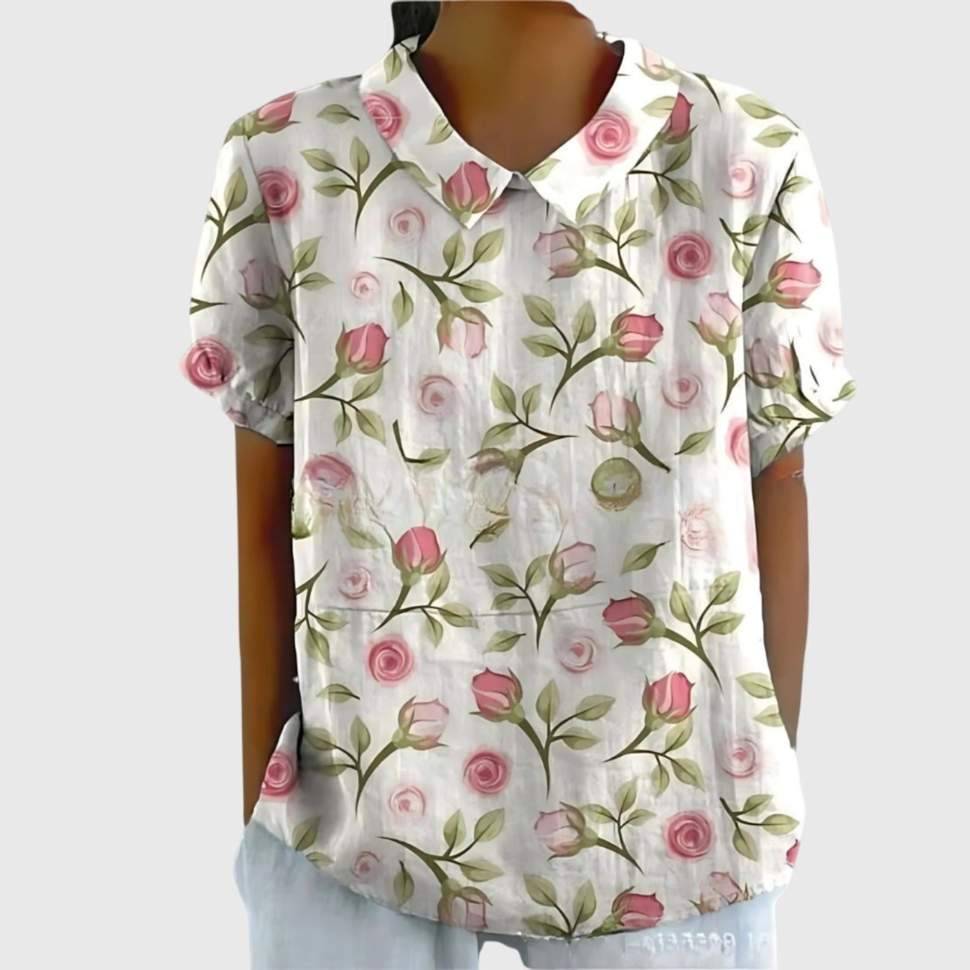 Thea | Kortermet bluse i lin med blomstermønster og krage
