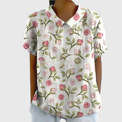 Thea | Kortermet bluse i lin med blomstermønster og krage