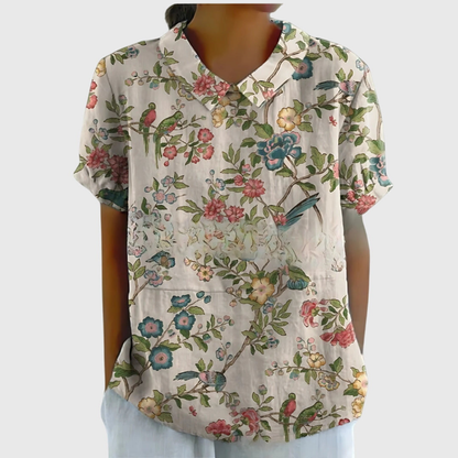 Thea | Kortermet bluse i lin med blomstermønster og krage