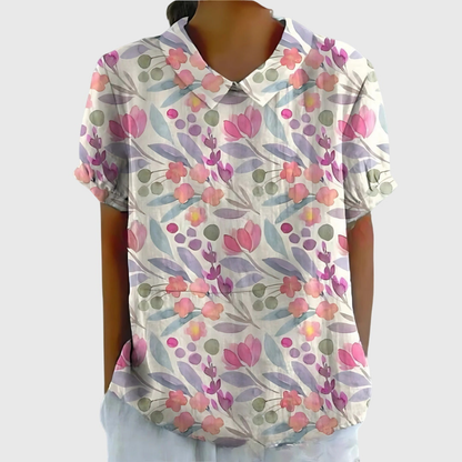 Thea | Kortermet bluse i lin med blomstermønster og krage