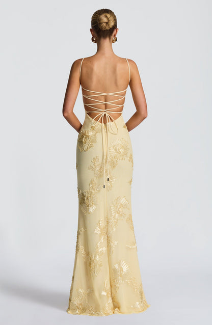 Blomster Jacquard Bryllupsgjest Korsett Maxi Kjole