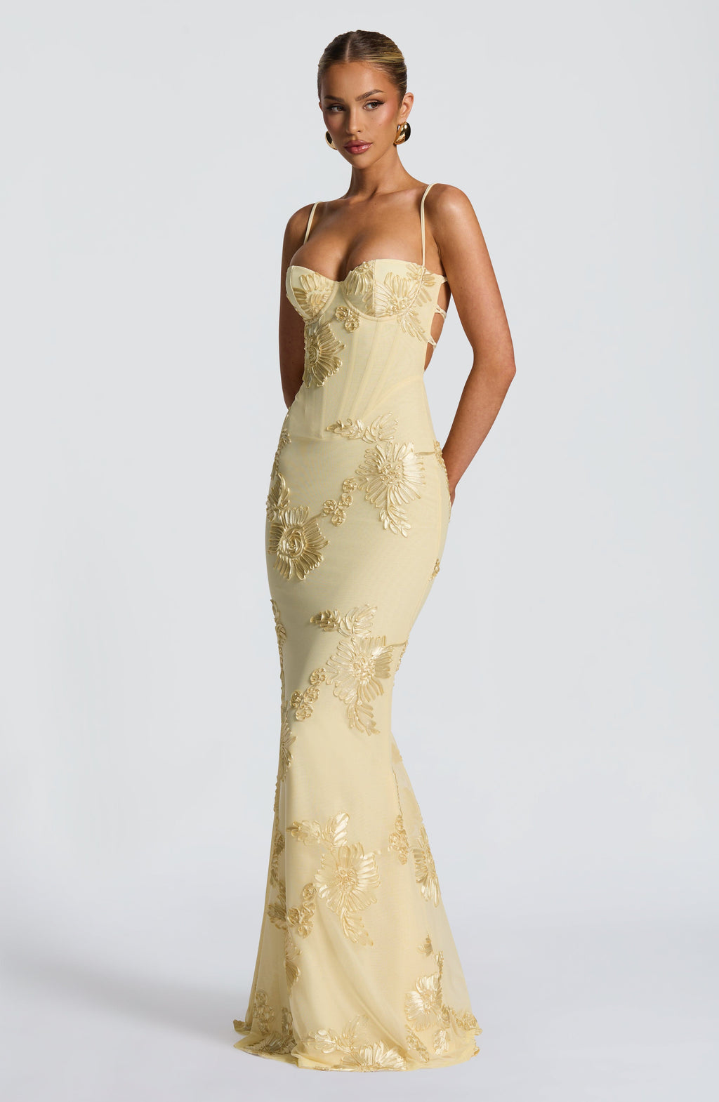 Blomster Jacquard Bryllupsgjest Korsett Maxi Kjole