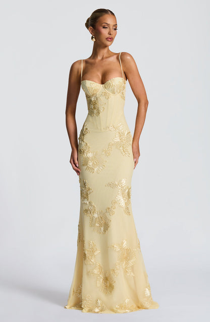 Blomster Jacquard Bryllupsgjest Korsett Maxi Kjole
