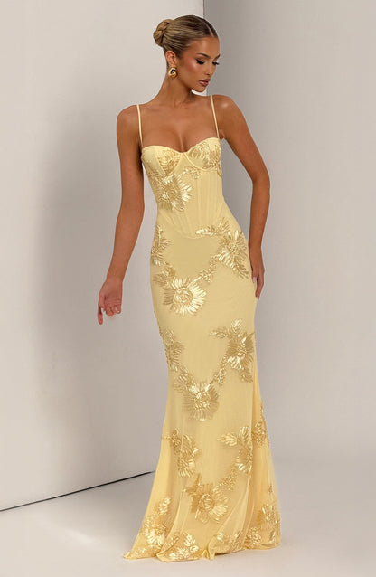 Blomster Jacquard Bryllupsgjest Korsett Maxi Kjole