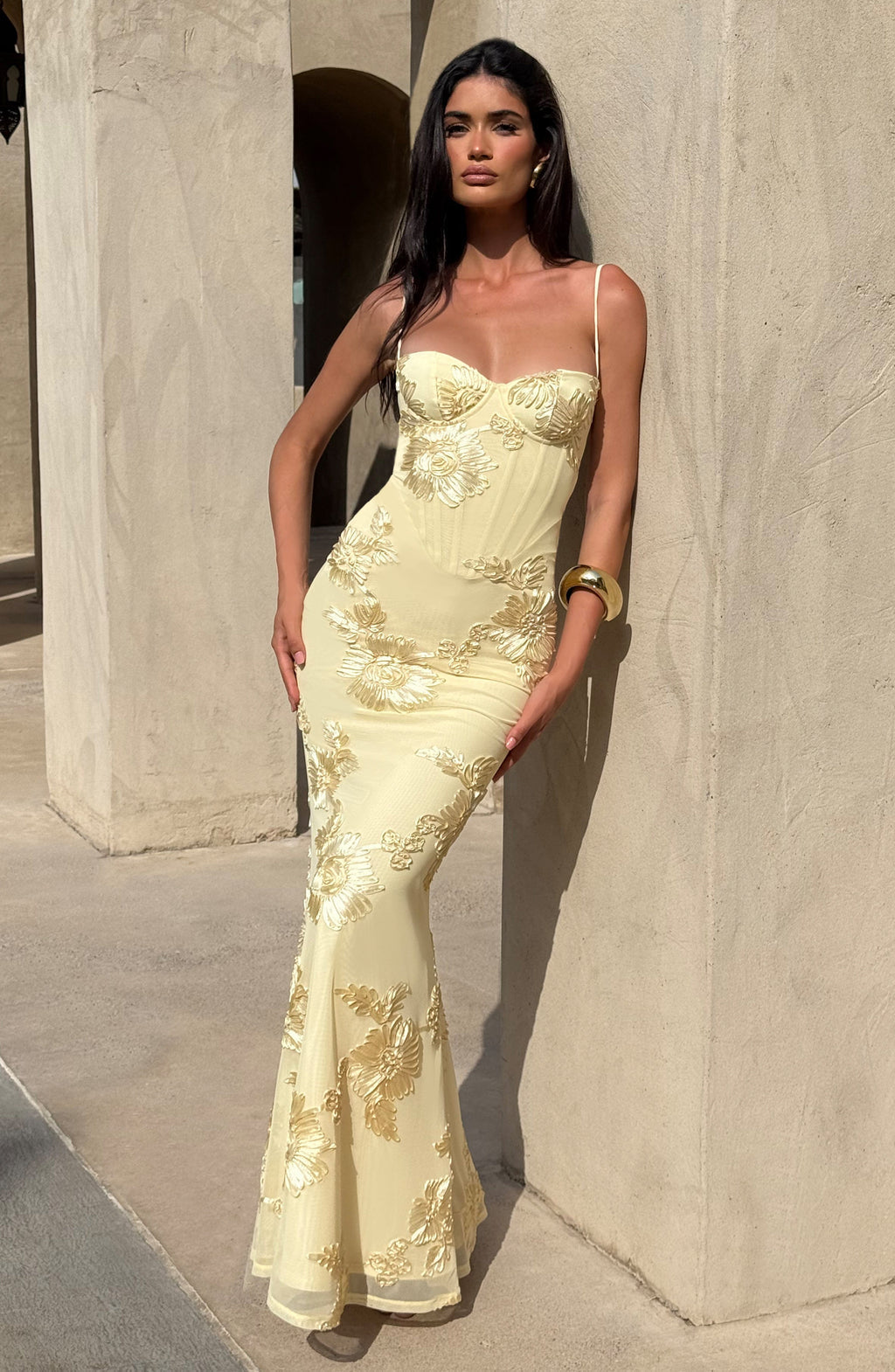 Blomster Jacquard Bryllupsgjest Korsett Maxi Kjole