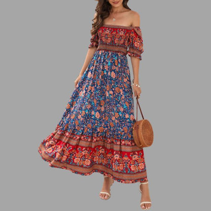 Boho maxikjole med blomstermønster og off-the-shoulder-snitt