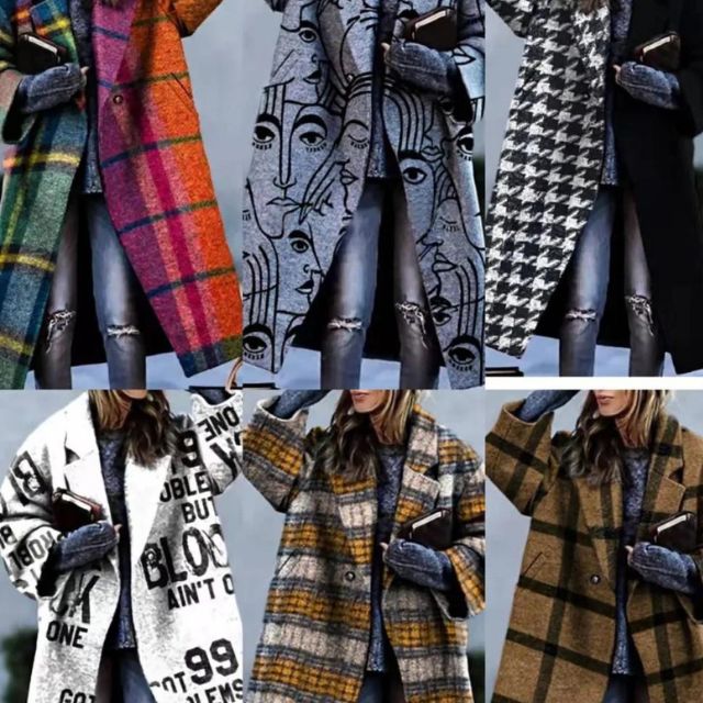 Trenchcoat med abstrakt trykk og bredt revers