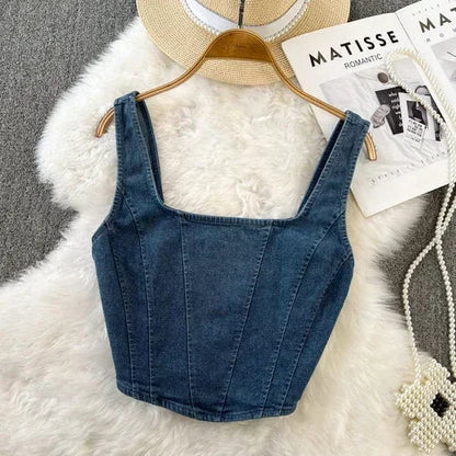Denim crop top med firkantet utringning