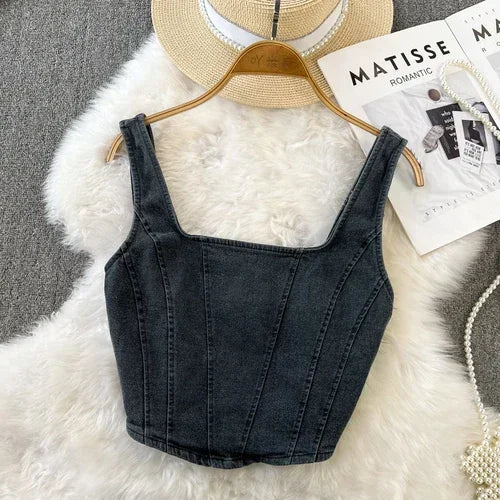 Denim crop top med firkantet utringning