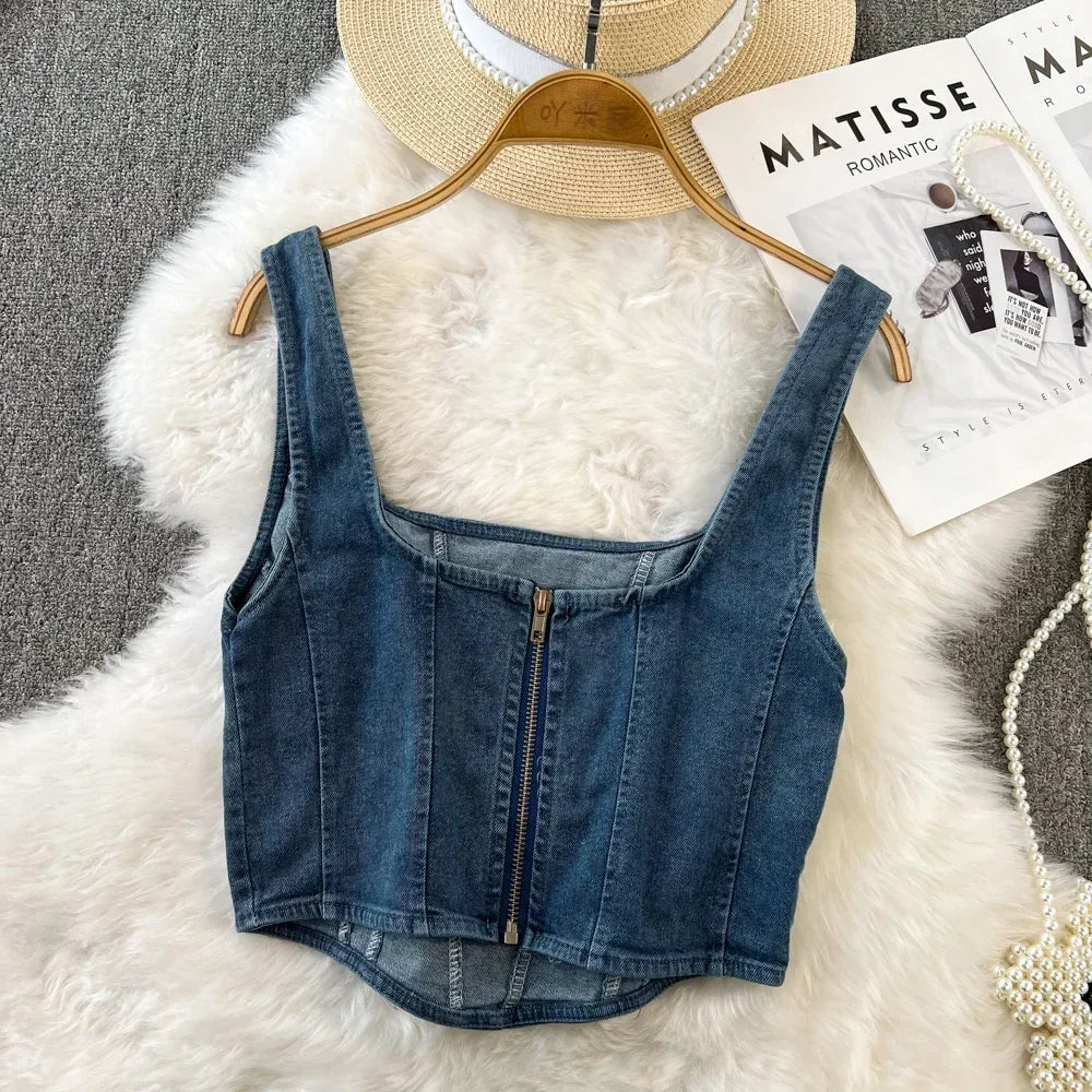 Denim crop top med firkantet utringning