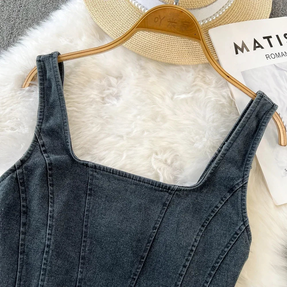 Denim crop top med firkantet utringning