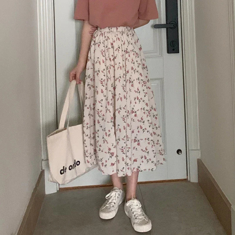 Vintage blomstrete A-linjeformet plissert langt skjørt