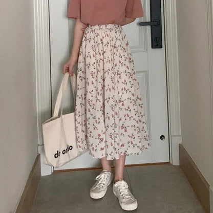 Vintage blomstrete A-linjeformet plissert langt skjørt