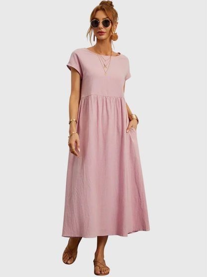 Waverly | Midikjole i lin med rund hals og rynket liv