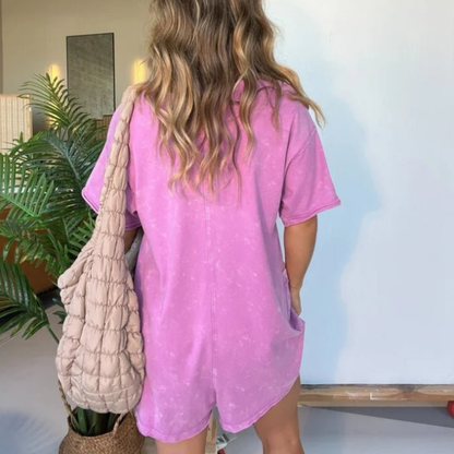 Willa | Kortermet playsuit i vasket bomull med V-hals