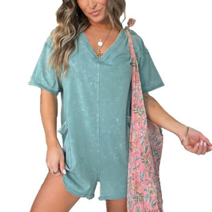 Willa | Kortermet playsuit i vasket bomull med V-hals – Myk petrol