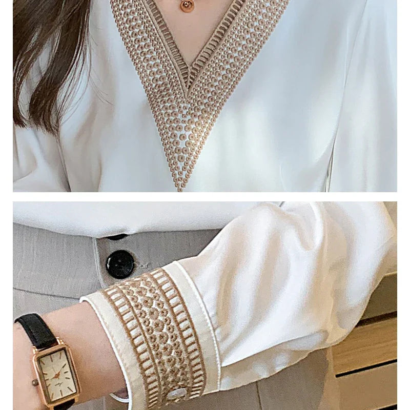 Chiffonbluse med V-hals for kvinner