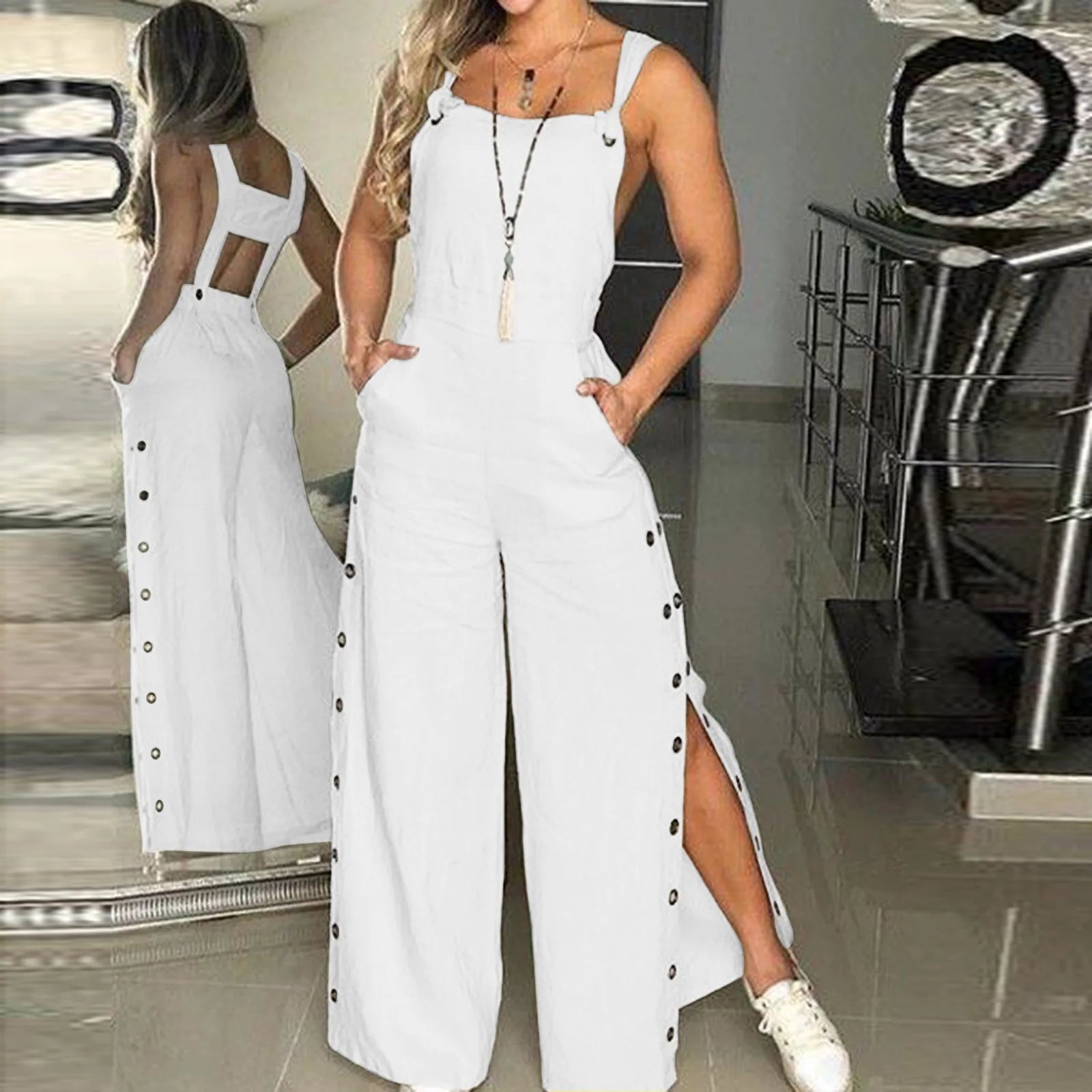Sommerlig jumpsuit med ermeløse, snodde knuter og lommer