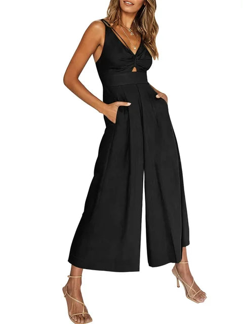Elegant ermeløs jumpsuit med vide ben