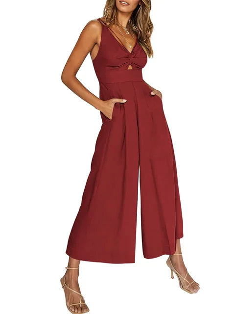 Elegant ermeløs jumpsuit med vide ben