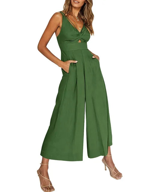 Elegant ermeløs jumpsuit med vide ben