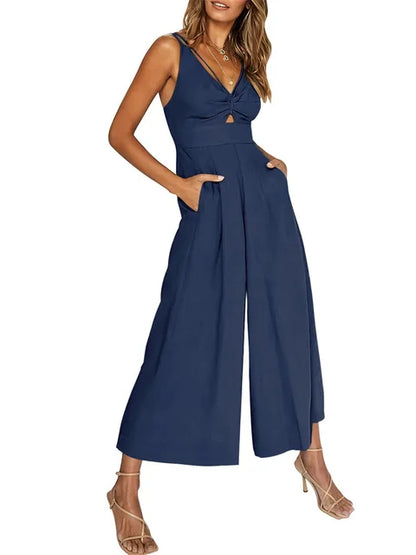 Elegant ermeløs jumpsuit med vide ben