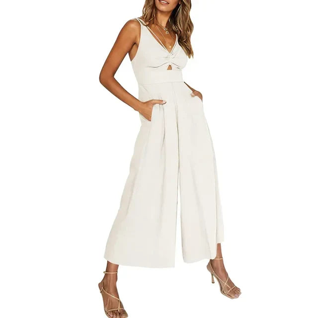 Elegant ermeløs jumpsuit med vide ben