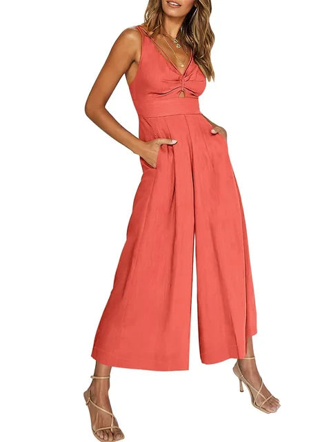 Elegant ermeløs jumpsuit med vide ben