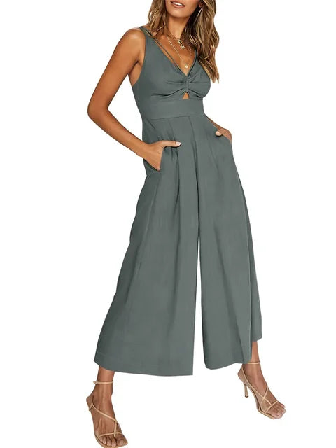 Elegant ermeløs jumpsuit med vide ben