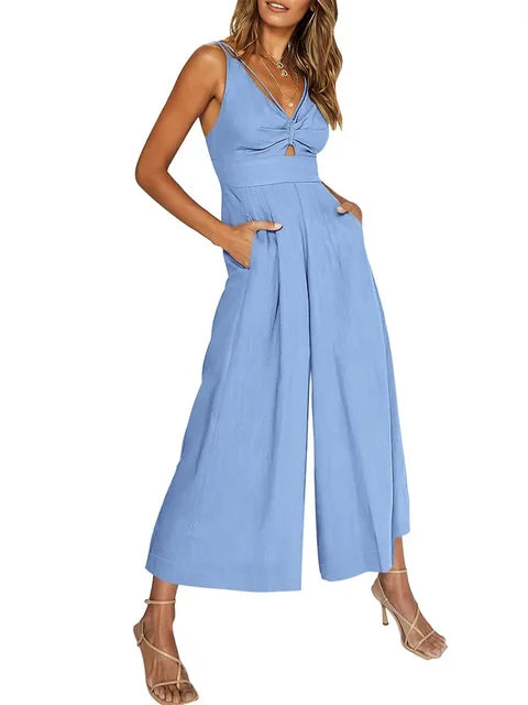 Elegant ermeløs jumpsuit med vide ben