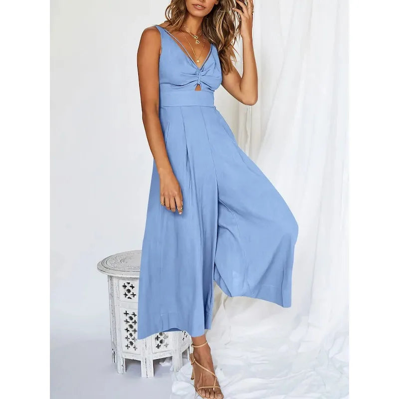 Elegant ermeløs jumpsuit med vide ben